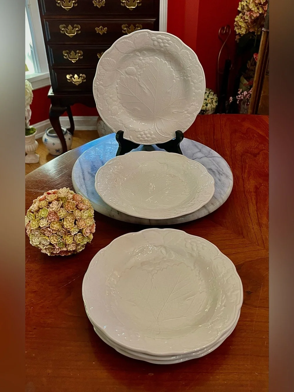 6-Set Vintage Burleigh Davenport White Ironstone Grape Leaf Dessert/Salad Plates